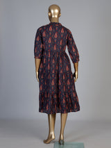 Navy cotton silk printed kurti with refined stand collar