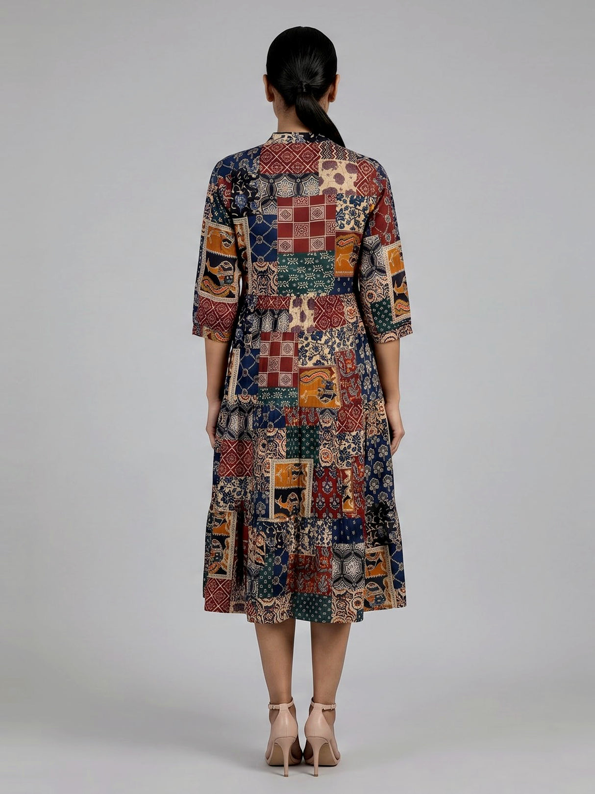 Multicolor cotton silk printed kurti with stand collar elegance