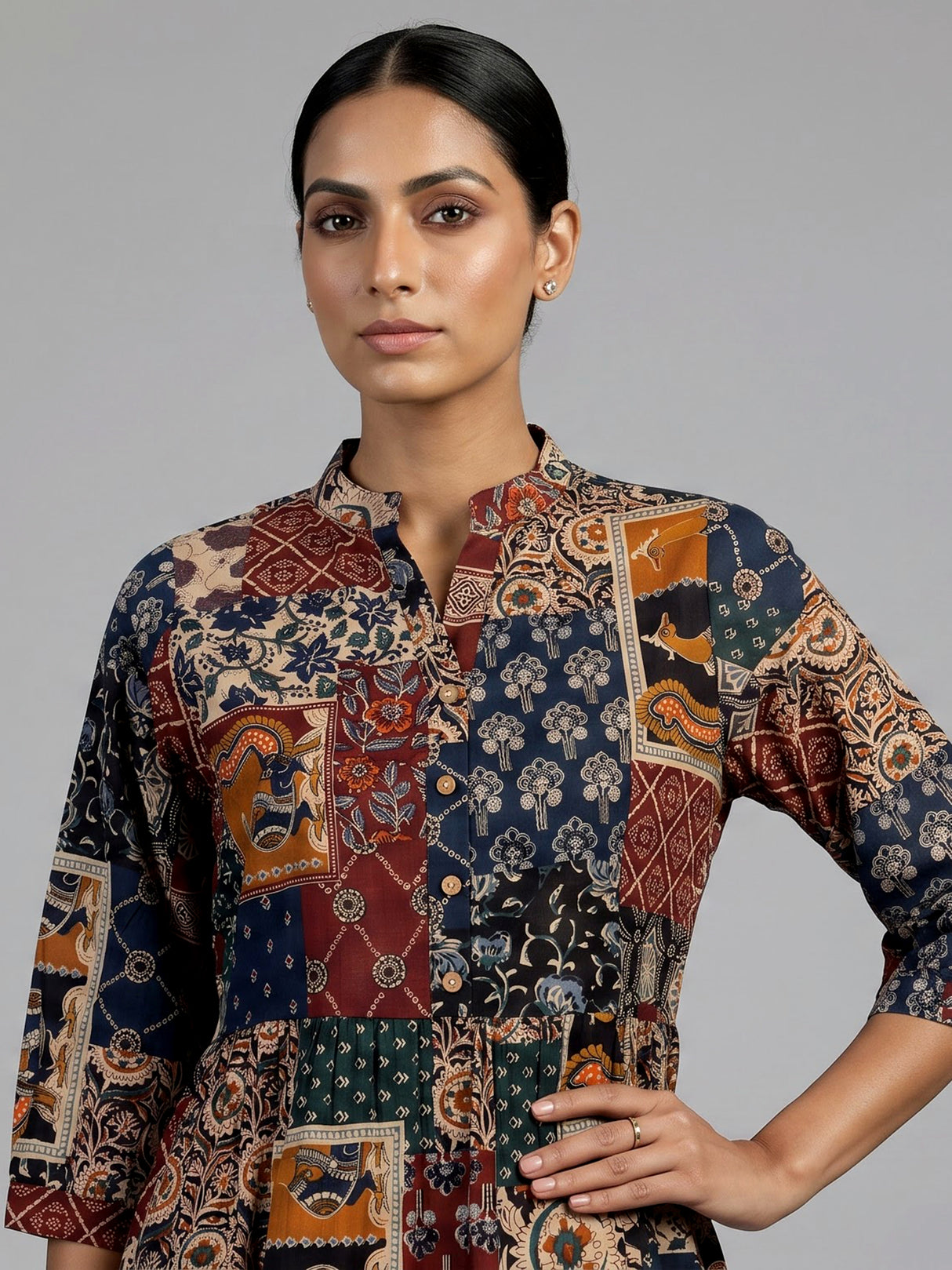 Multicolor cotton silk printed kurti with stand collar elegance