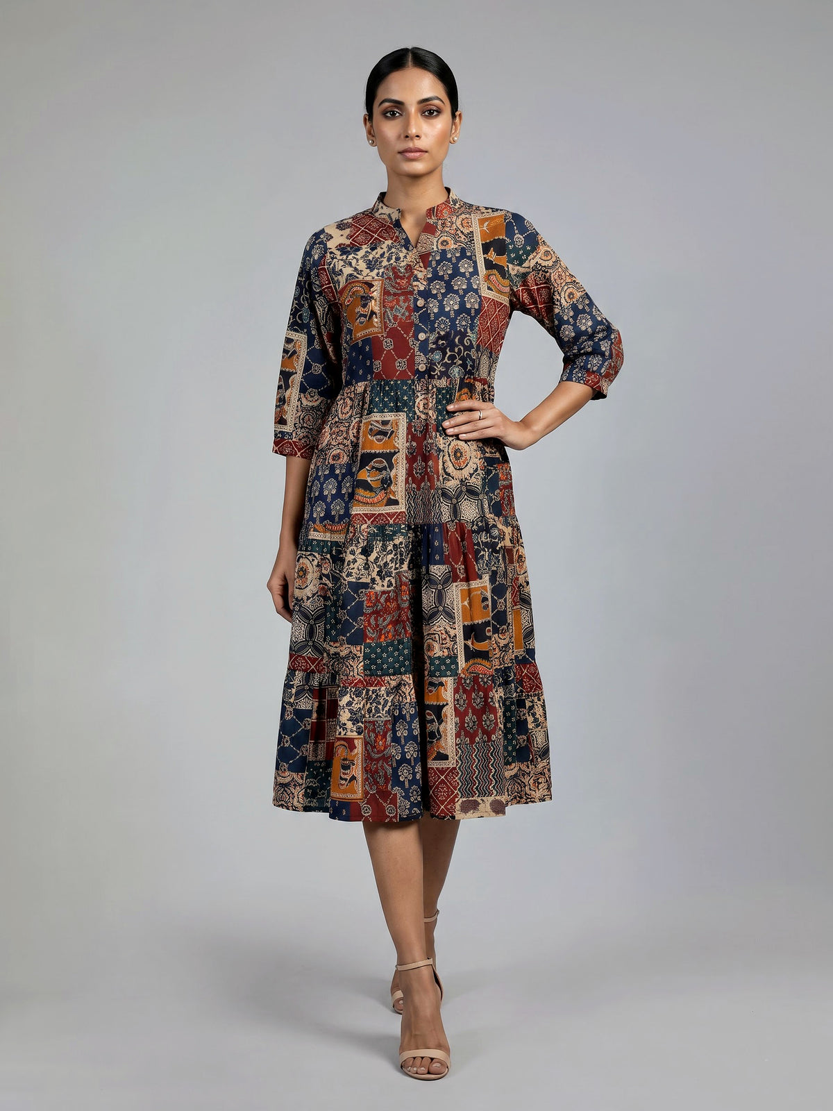 Multicolor cotton silk printed kurti with stand collar elegance