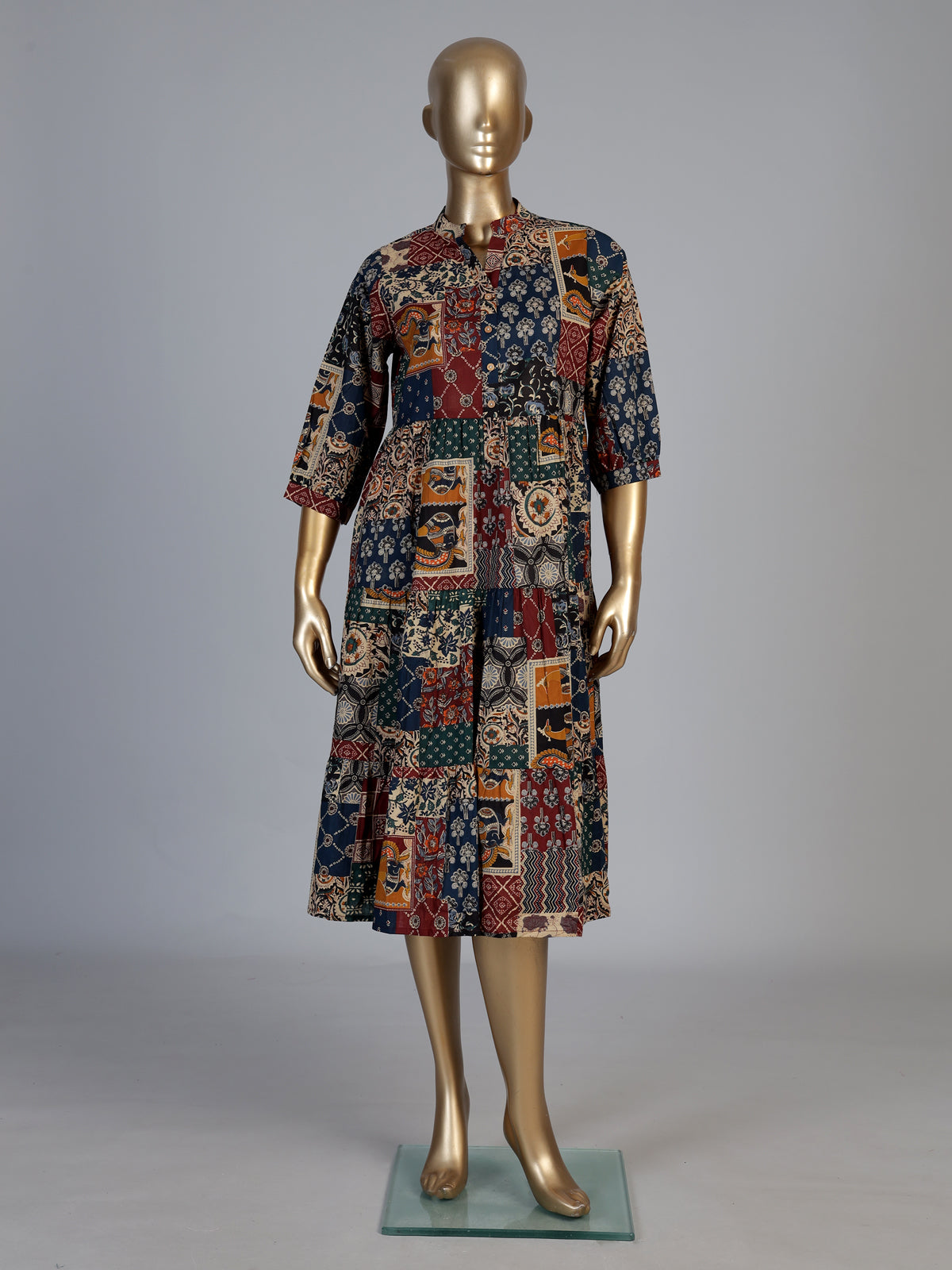 Multicolor cotton silk printed kurti with stand collar elegance