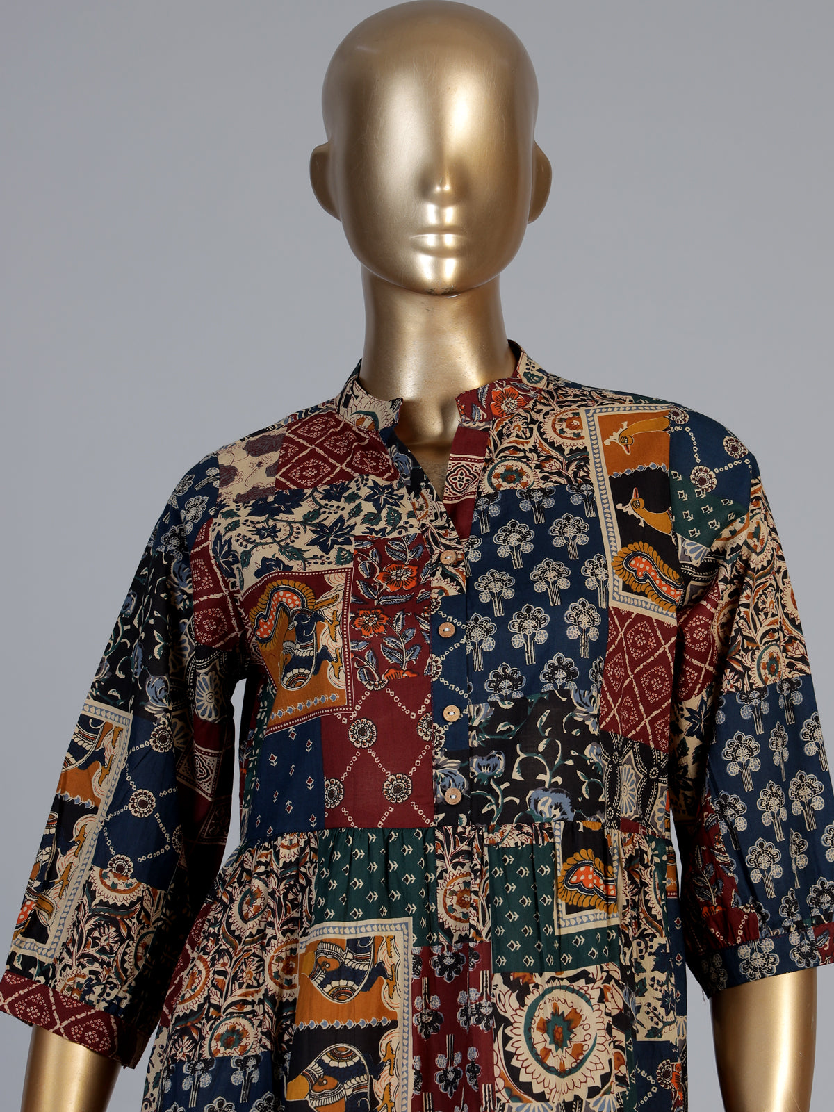Multicolor cotton silk printed kurti with stand collar elegance