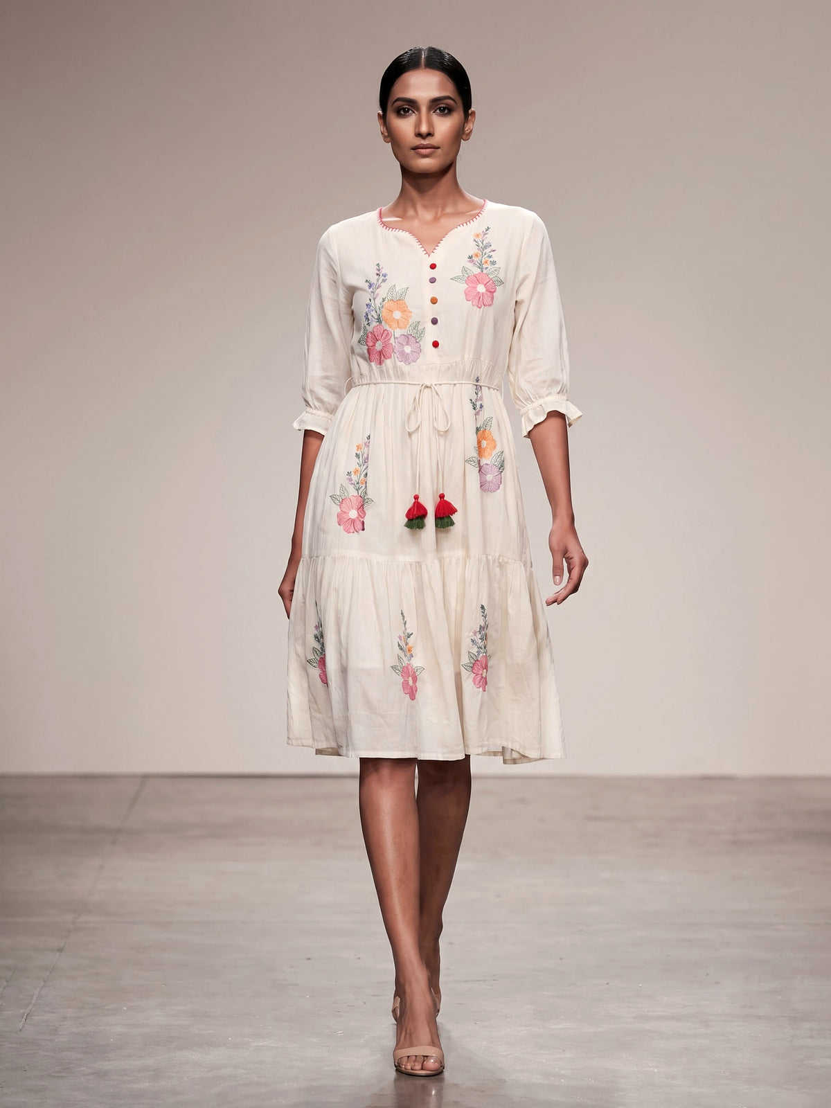 Off white cotton blend designer kurti with floral embroidery