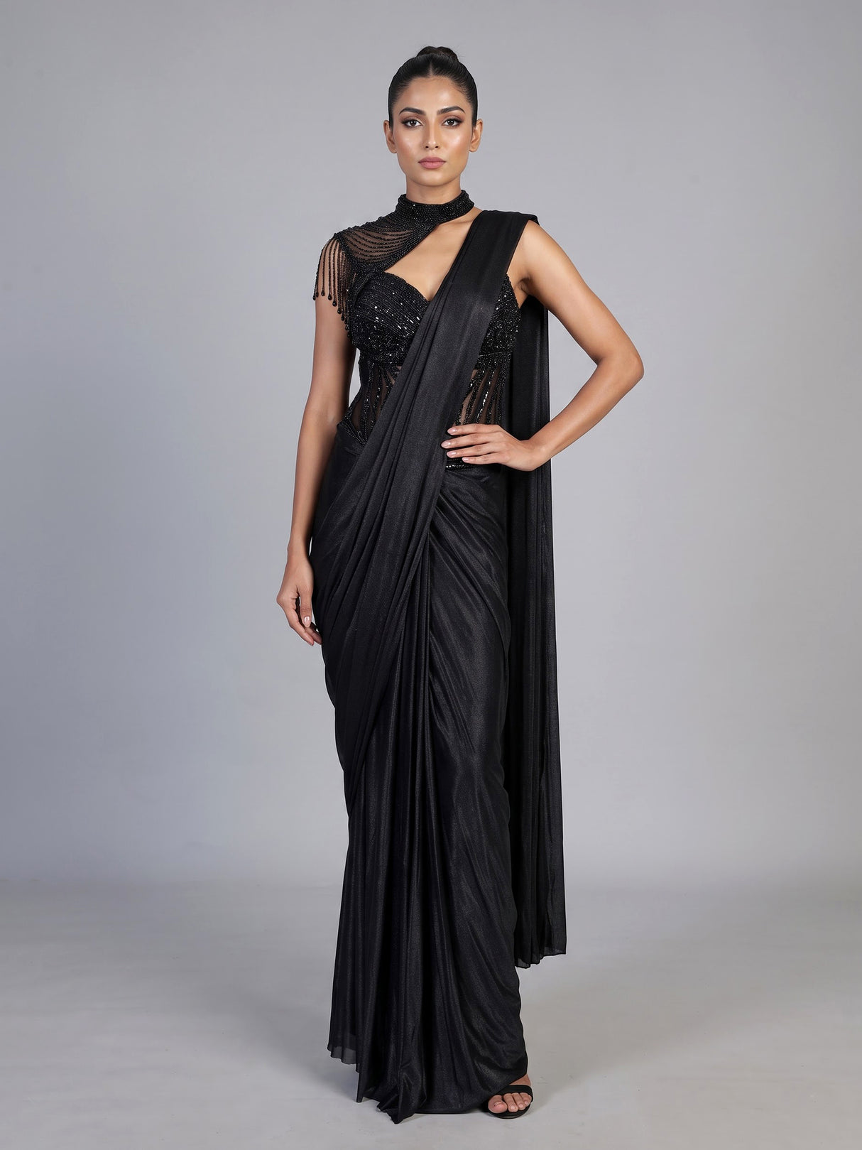 Enchanting black metallic shimmer lycra ready to wear saree