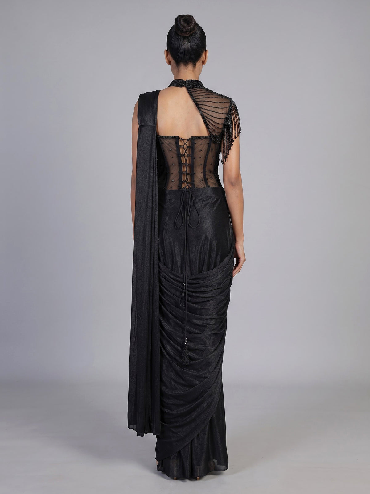 Enchanting black metallic shimmer lycra ready to wear saree