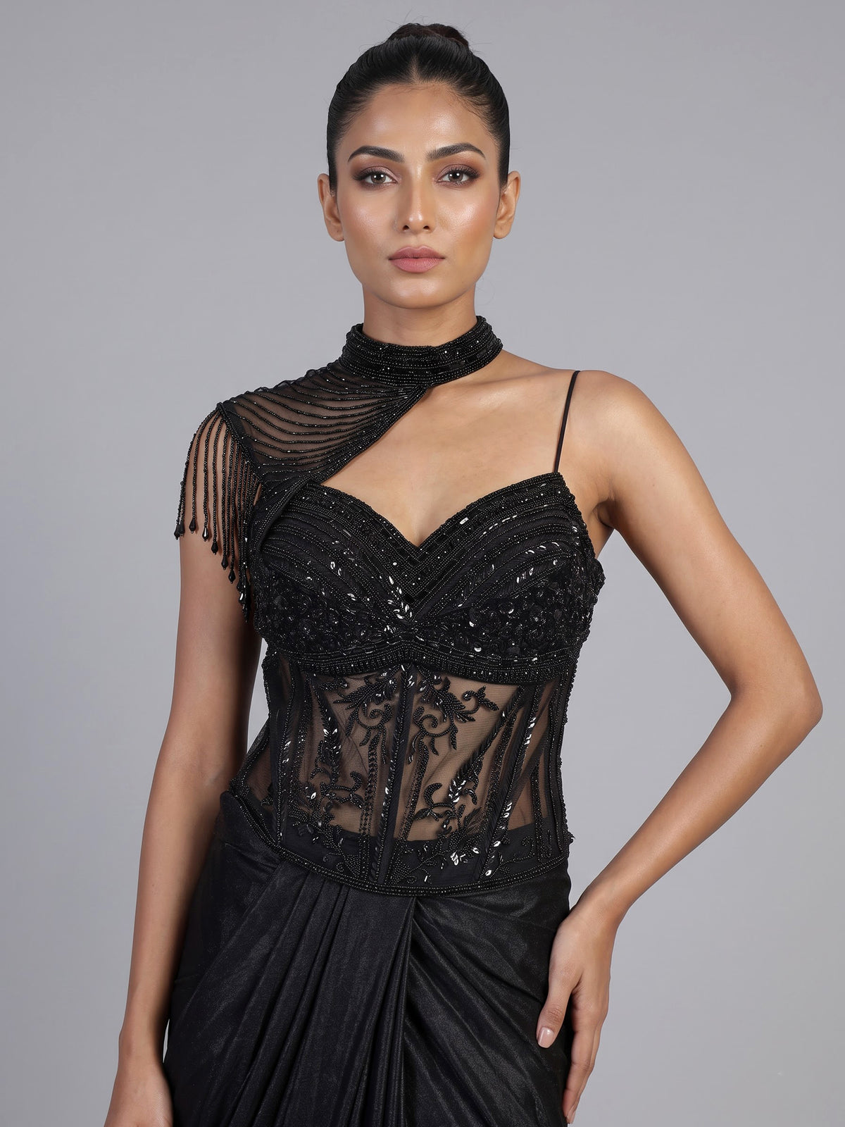 Enchanting black metallic shimmer lycra ready to wear saree
