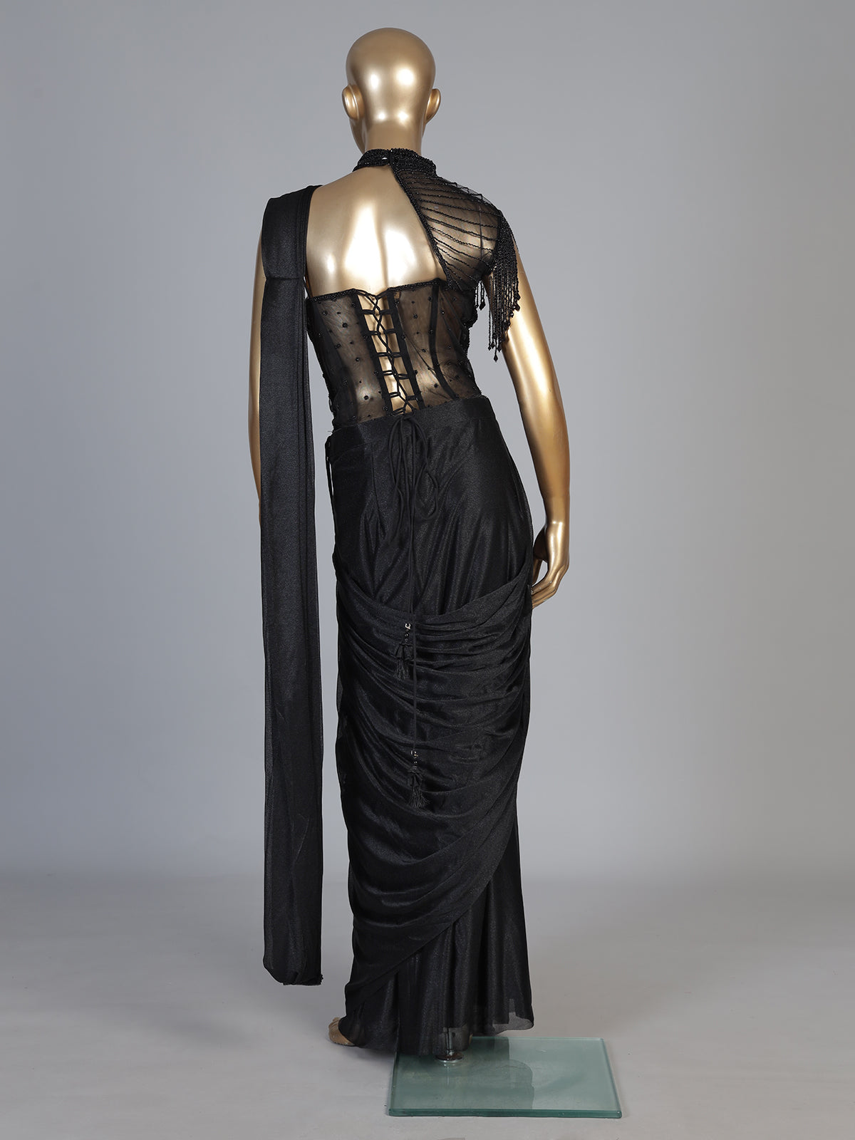 Enchanting black metallic shimmer lycra ready to wear saree