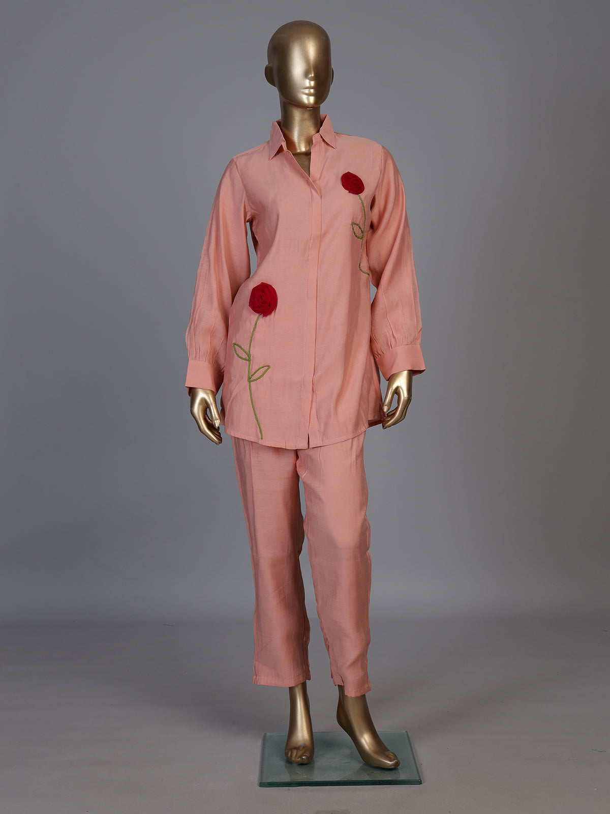 Peach linen blend co ord set with delicate threadwork