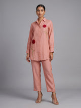 Peach linen blend co ord set with delicate threadwork