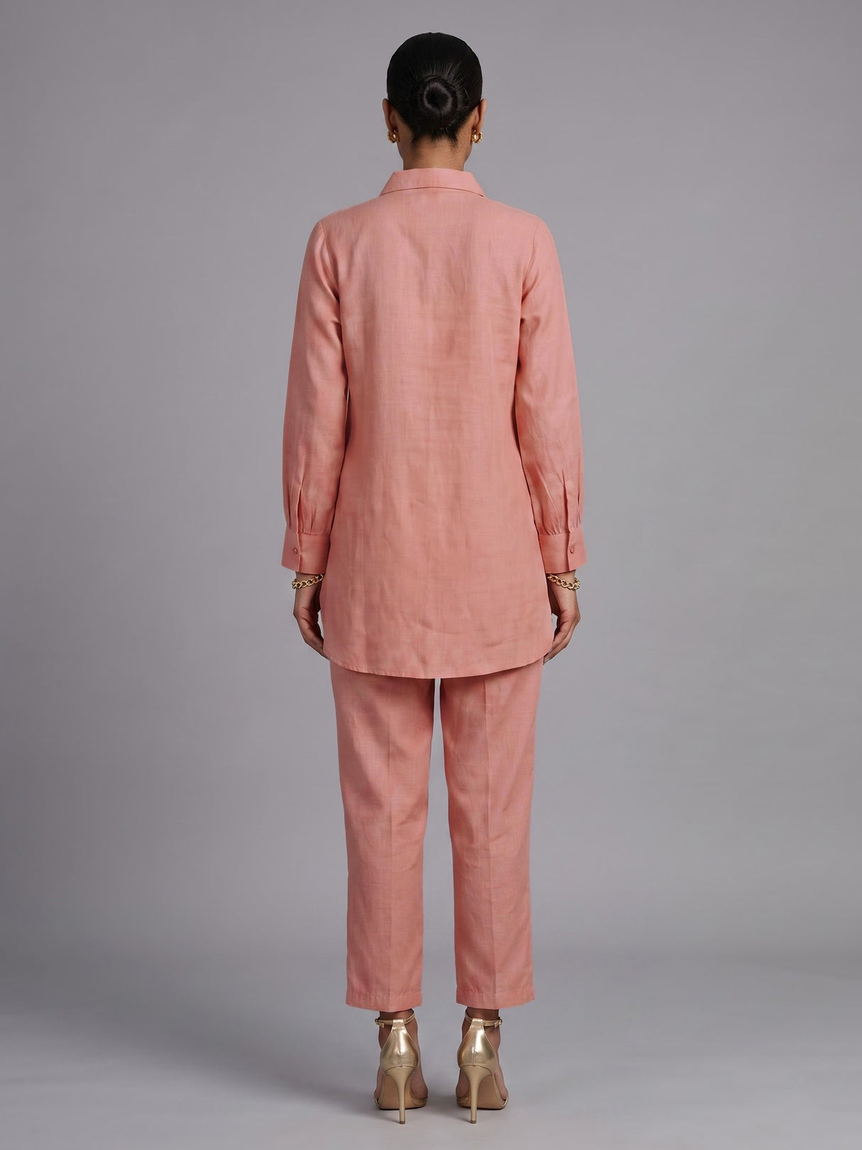 Peach linen blend co ord set with delicate threadwork