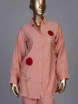 Peach linen blend co ord set with delicate threadwork