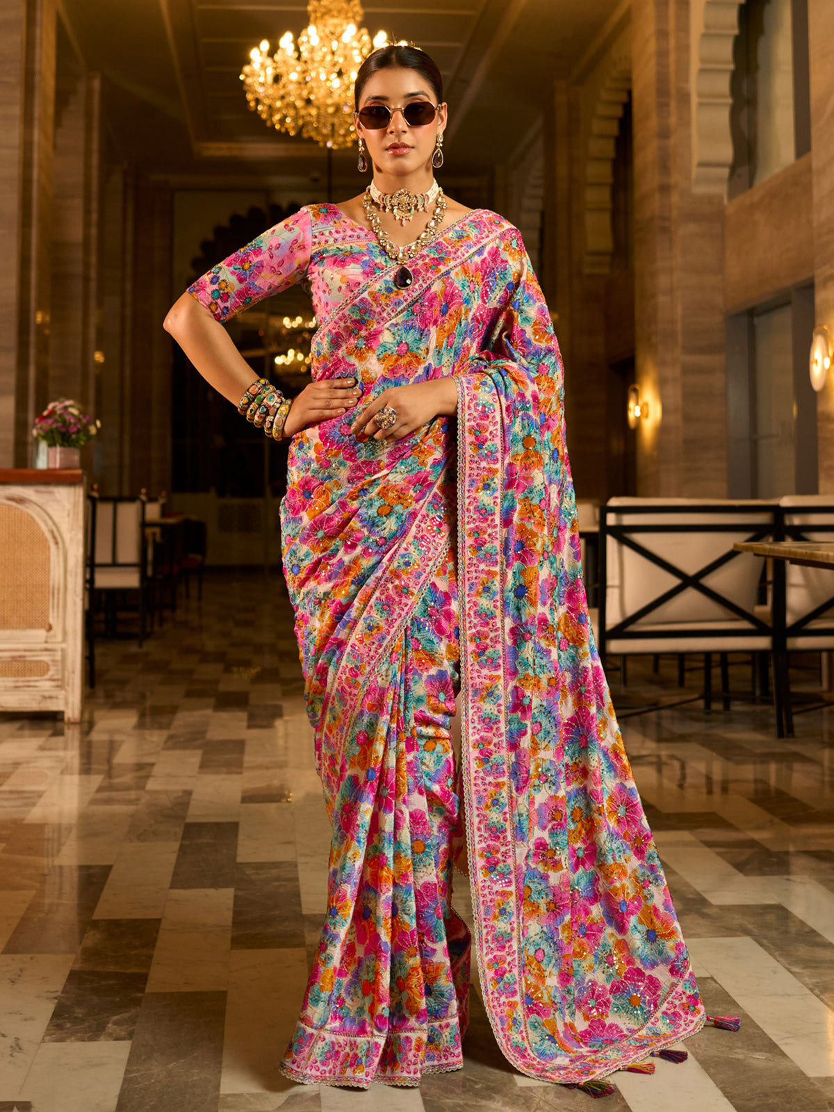 Multicolor crepe silk women festive Patola saree with V neck blouse