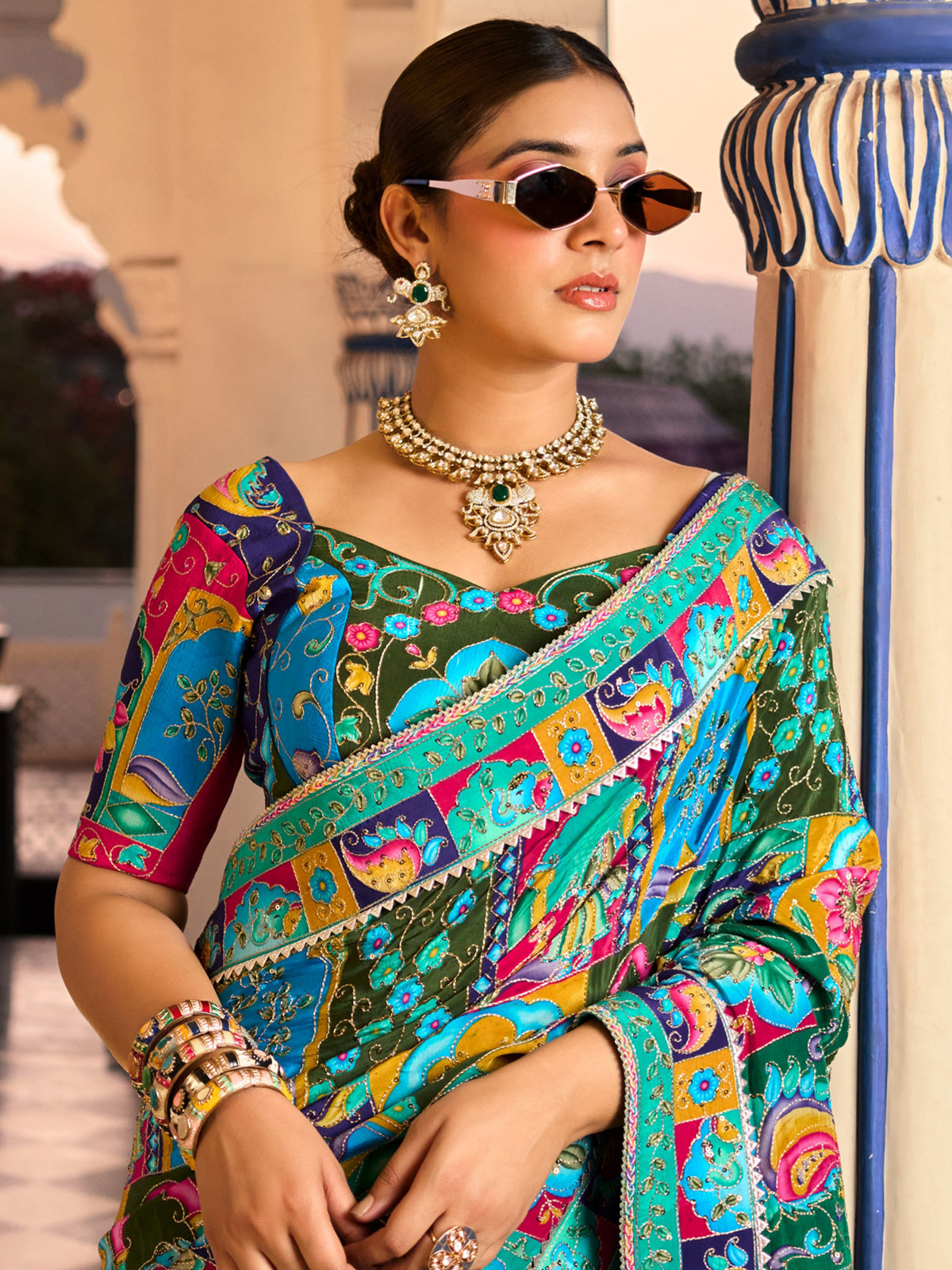 Blue crepe silk women patan patola heritage saree