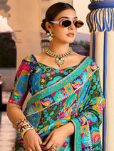 Blue crepe silk women patan patola heritage saree