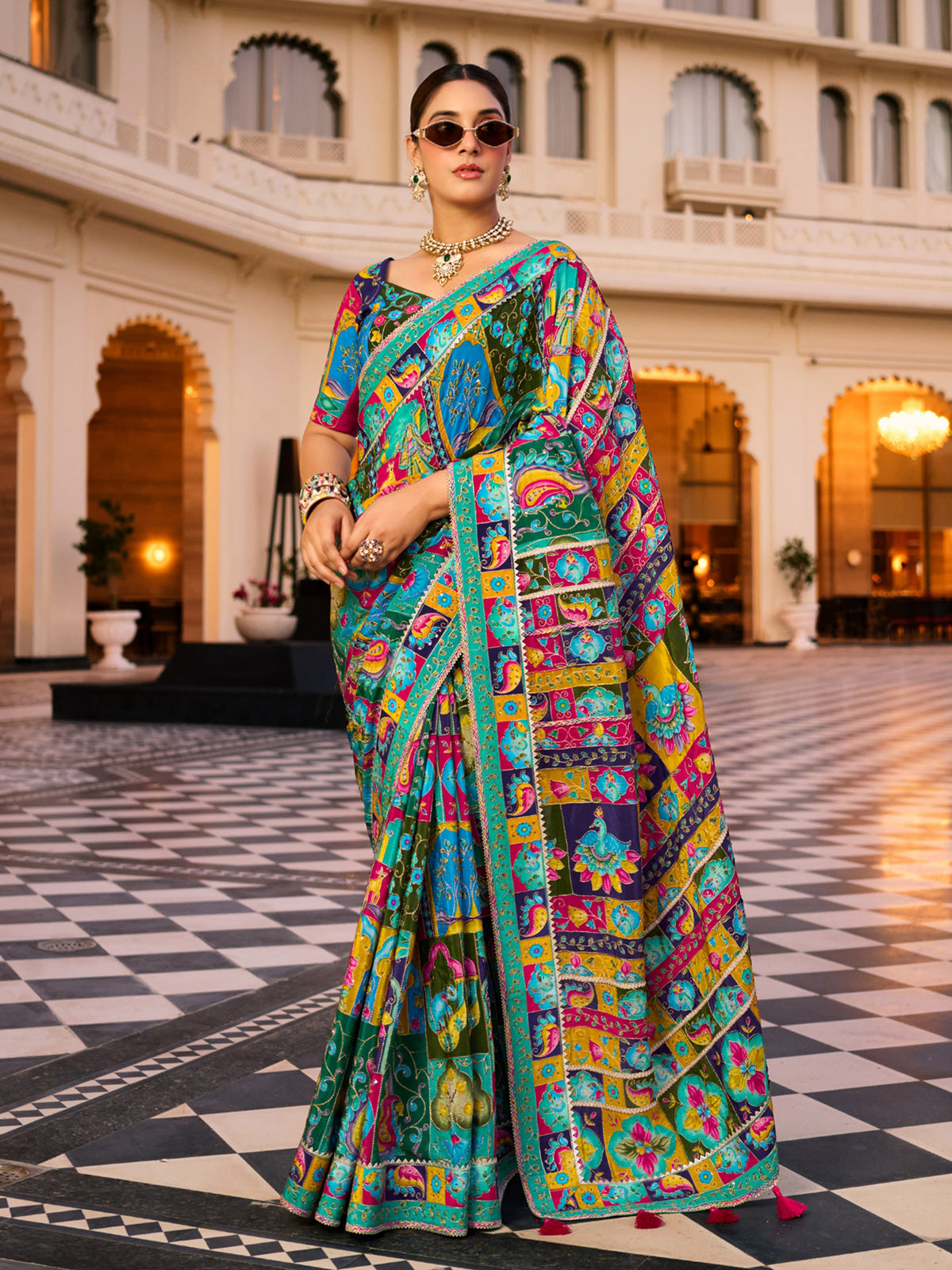 Blue crepe silk women patan patola heritage saree