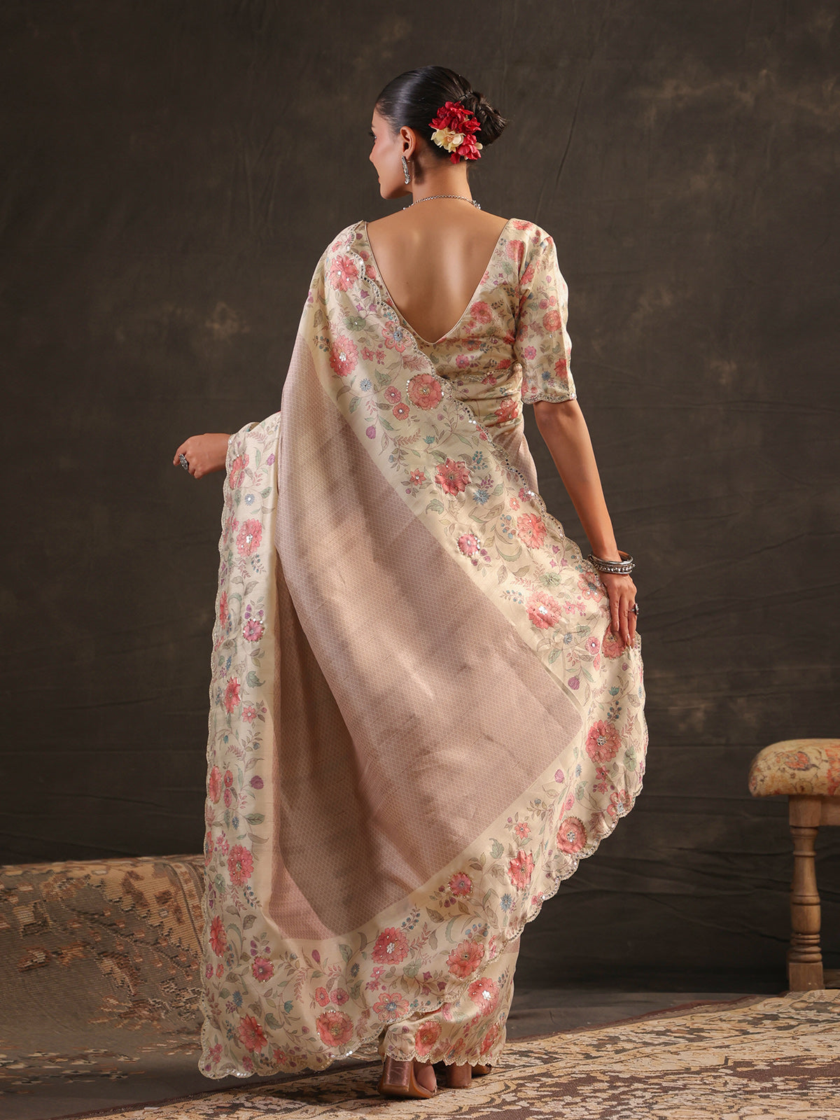 Lavender floral embellished tussar saree for women
