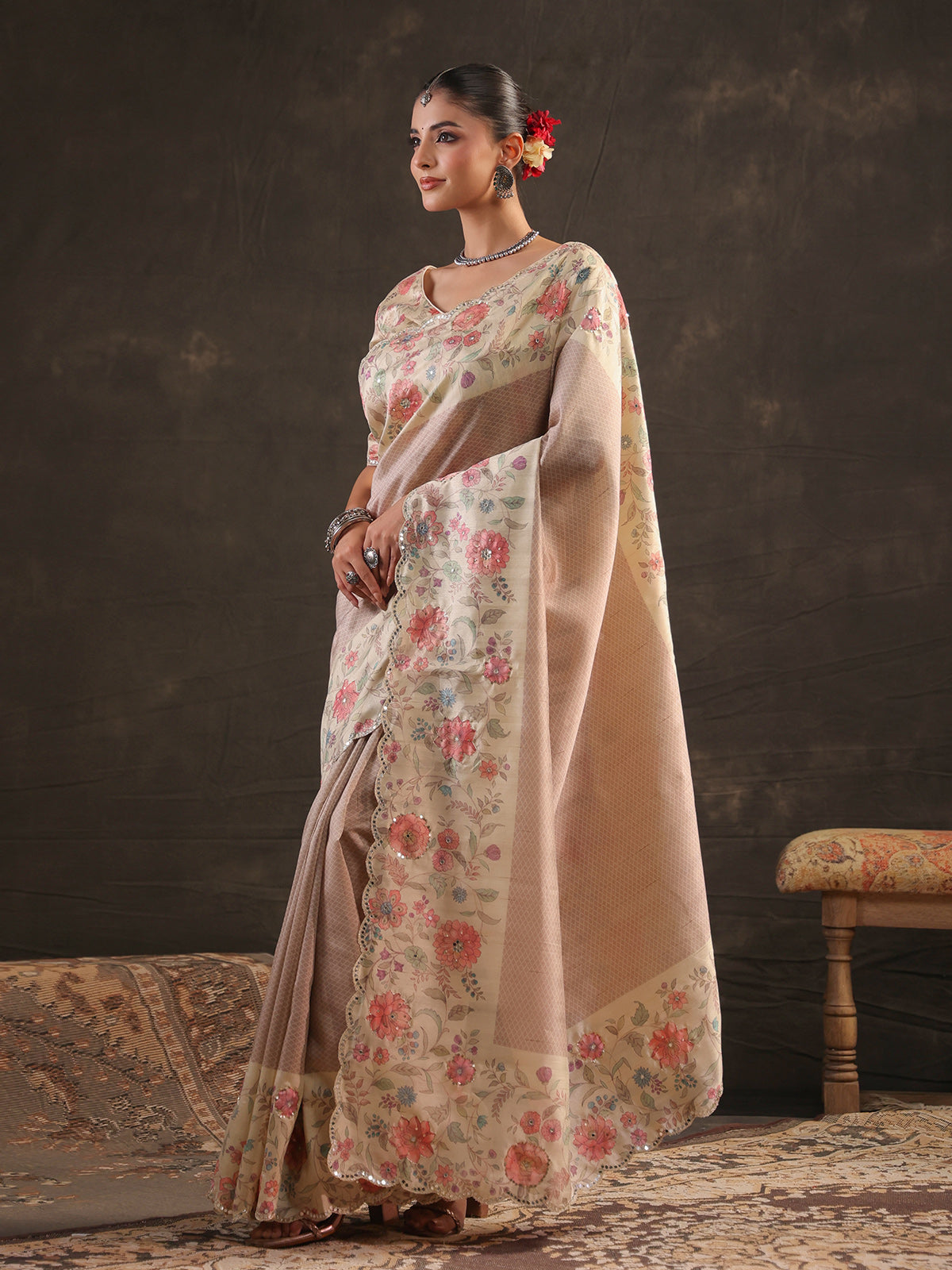Lavender floral embellished tussar saree for women