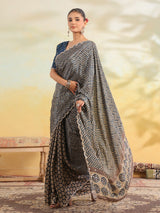 Indigo blue chevron printed saree for women