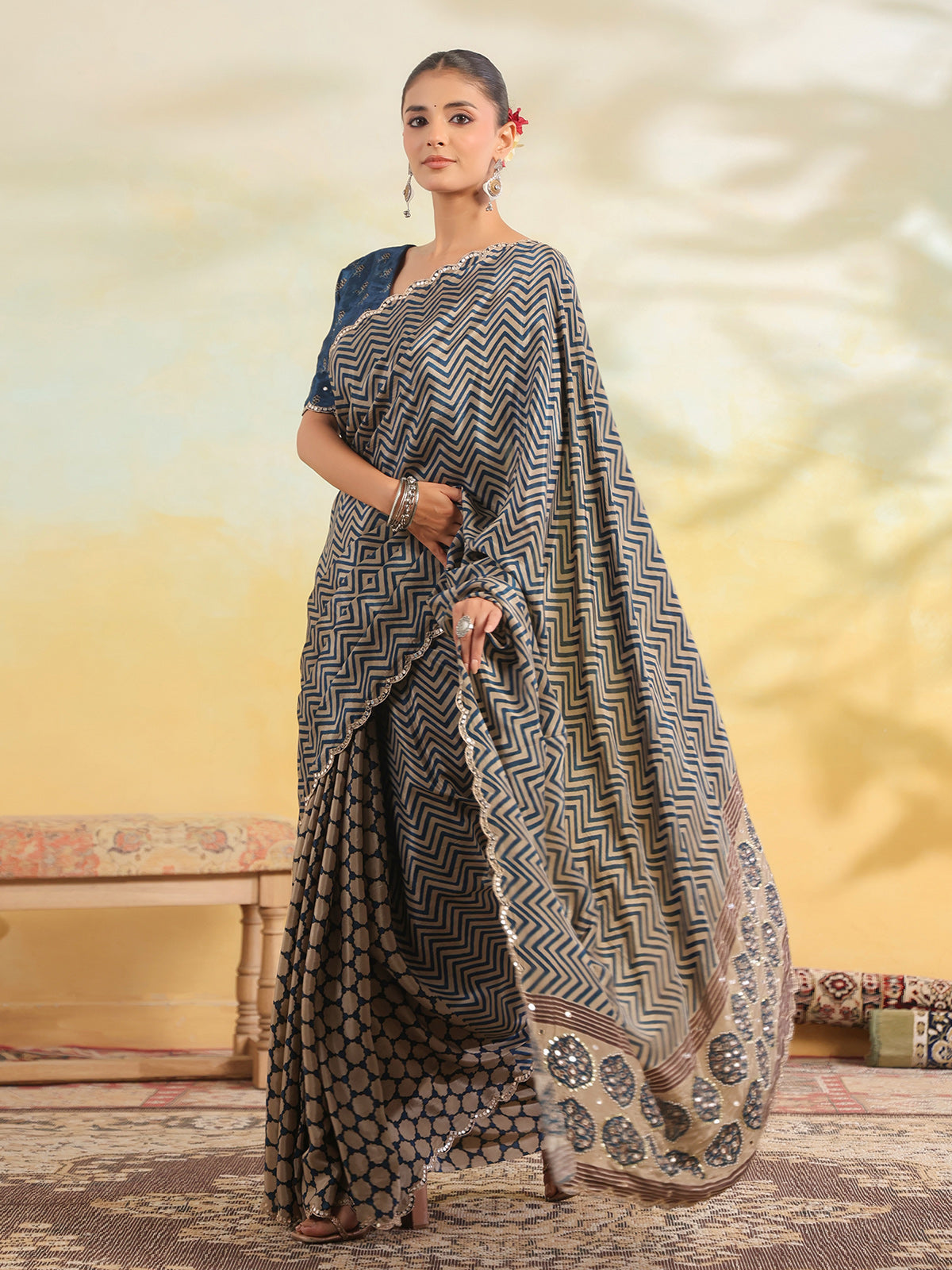 Indigo blue chevron printed saree for women