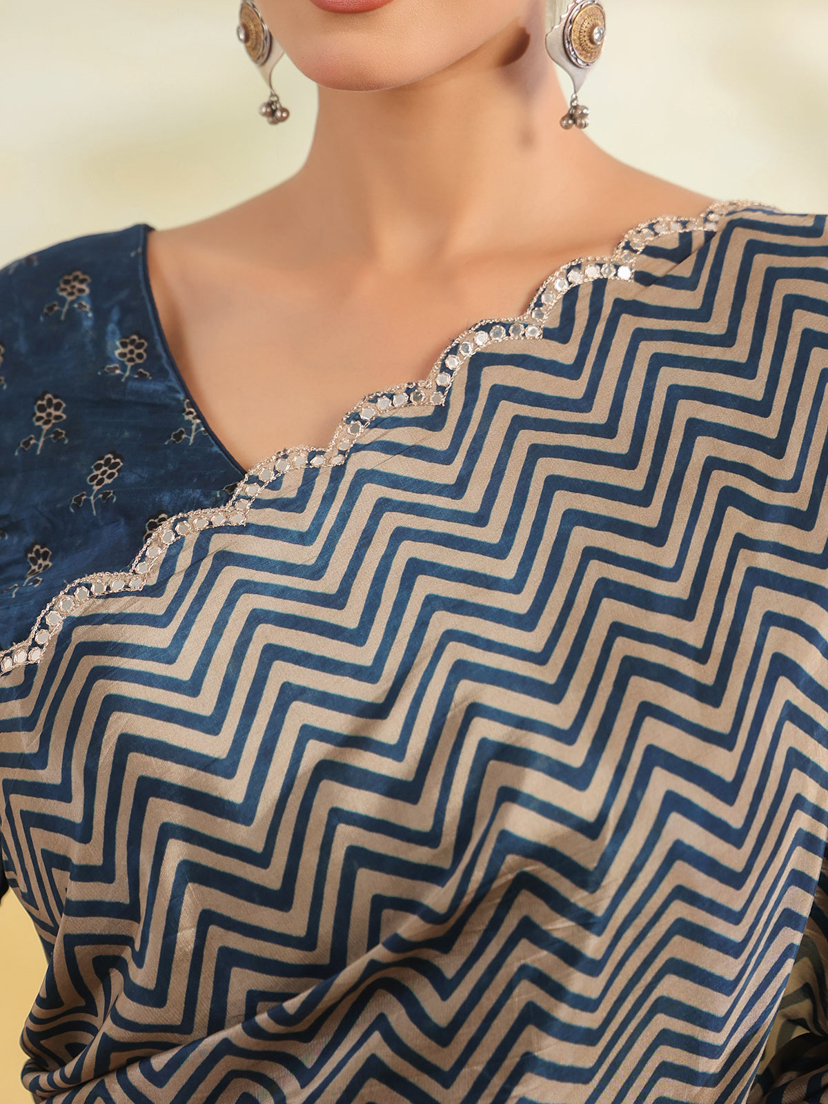 Indigo blue chevron printed saree for women