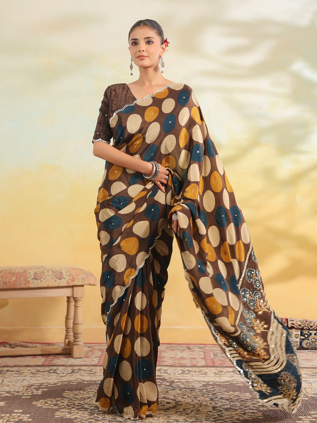 Brown abstract printed crape saree for women