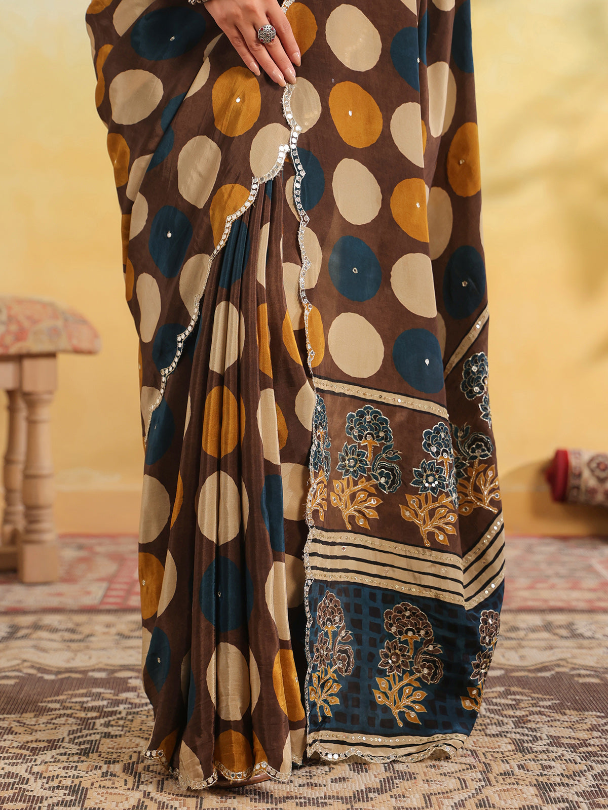Brown abstract printed crape saree for women
