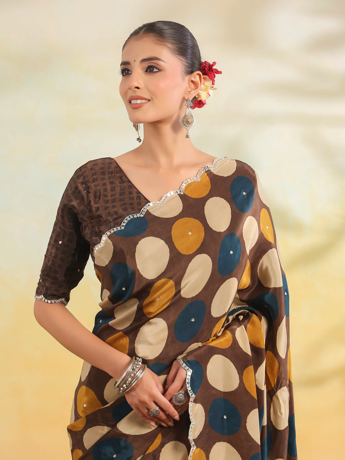 Brown abstract printed crape saree for women