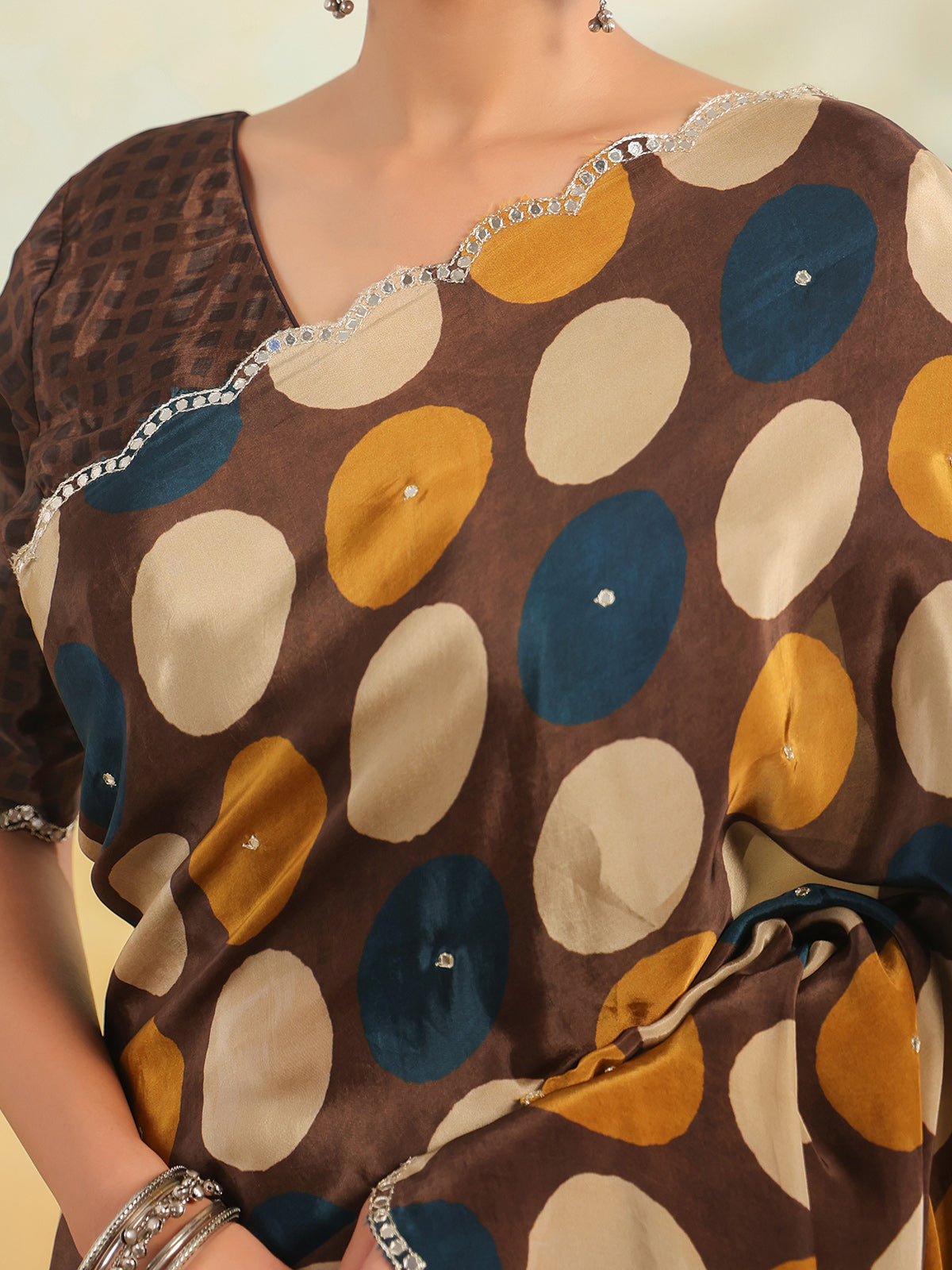 Brown abstract printed crape saree for women