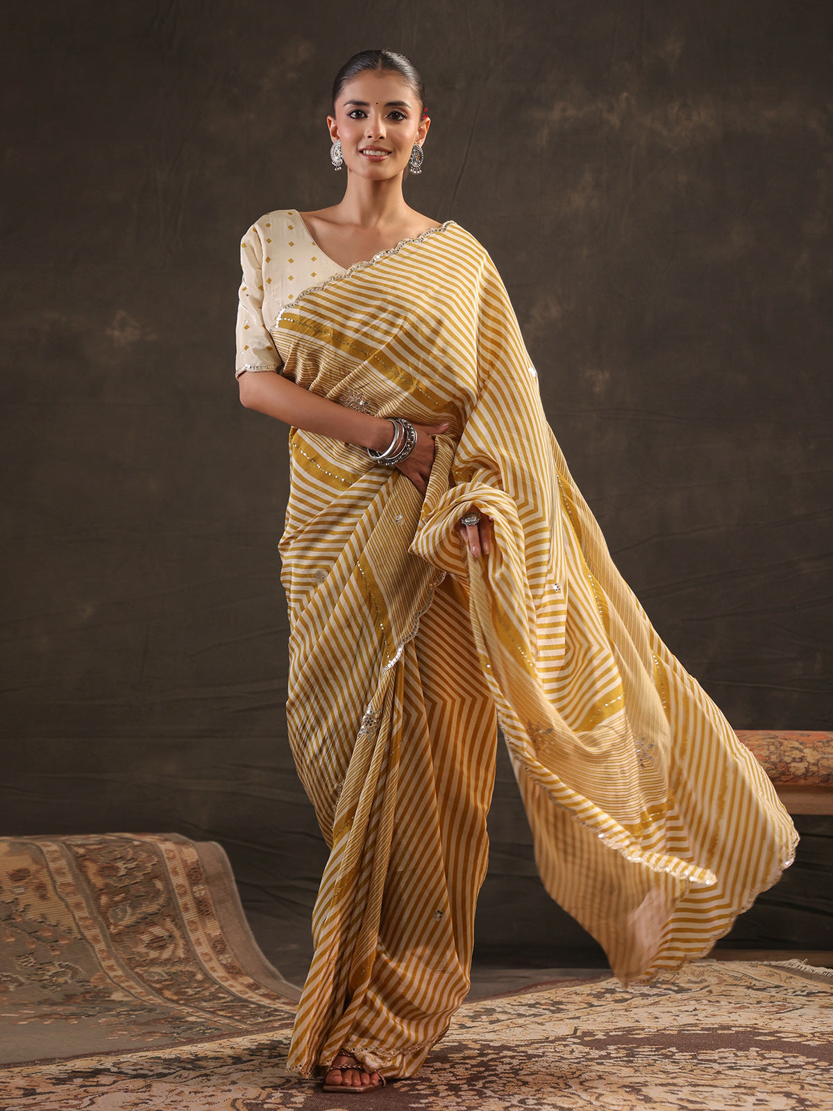 Mustard yellow leheriya printed saree for women