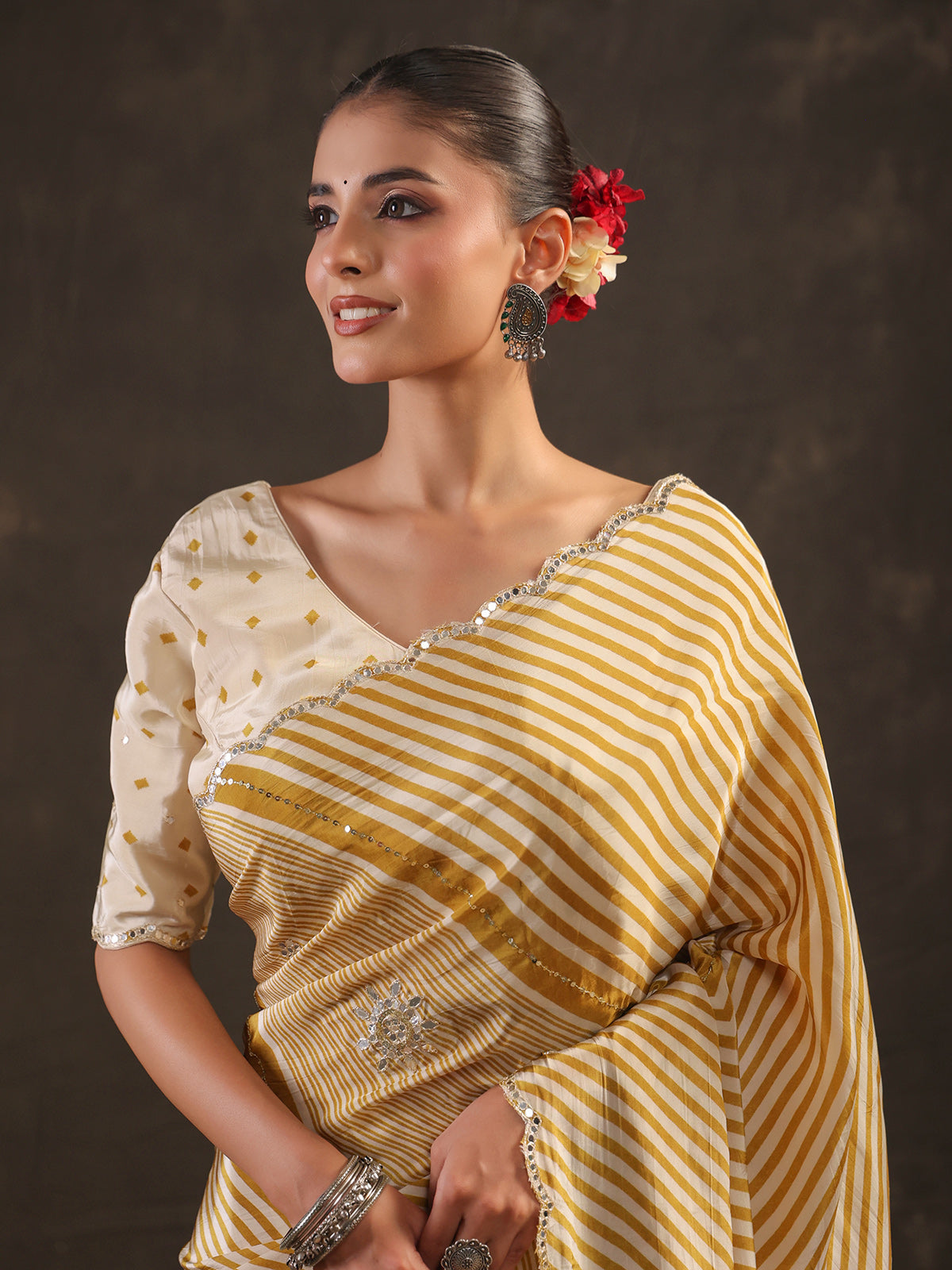Mustard yellow leheriya printed saree for women