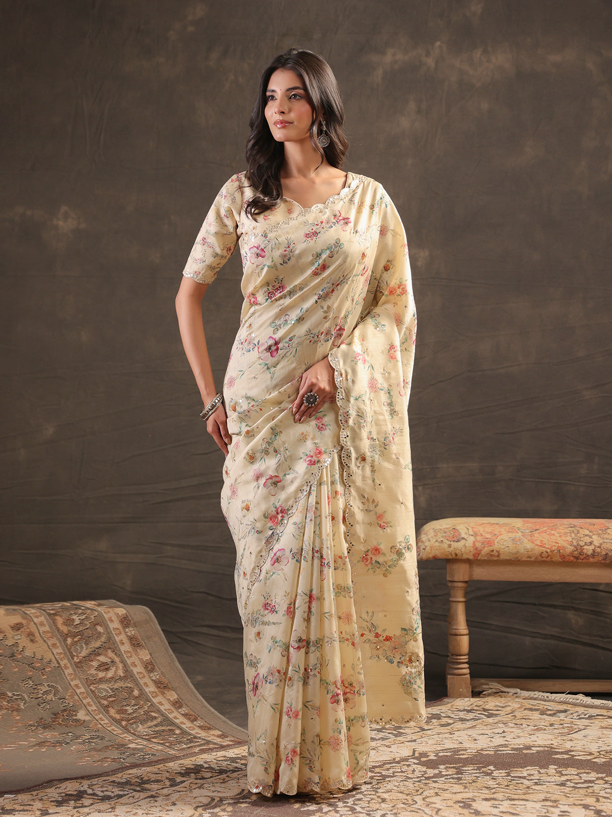 Butter cream botanical handwork saree for women