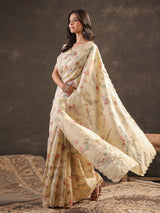 Butter cream botanical handwork saree for women