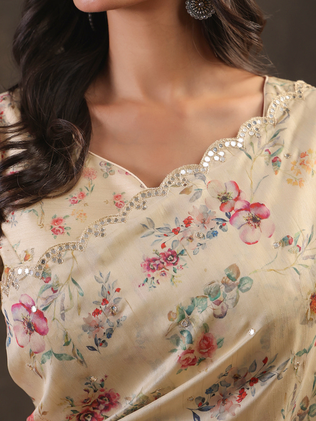 Butter cream botanical handwork saree for women