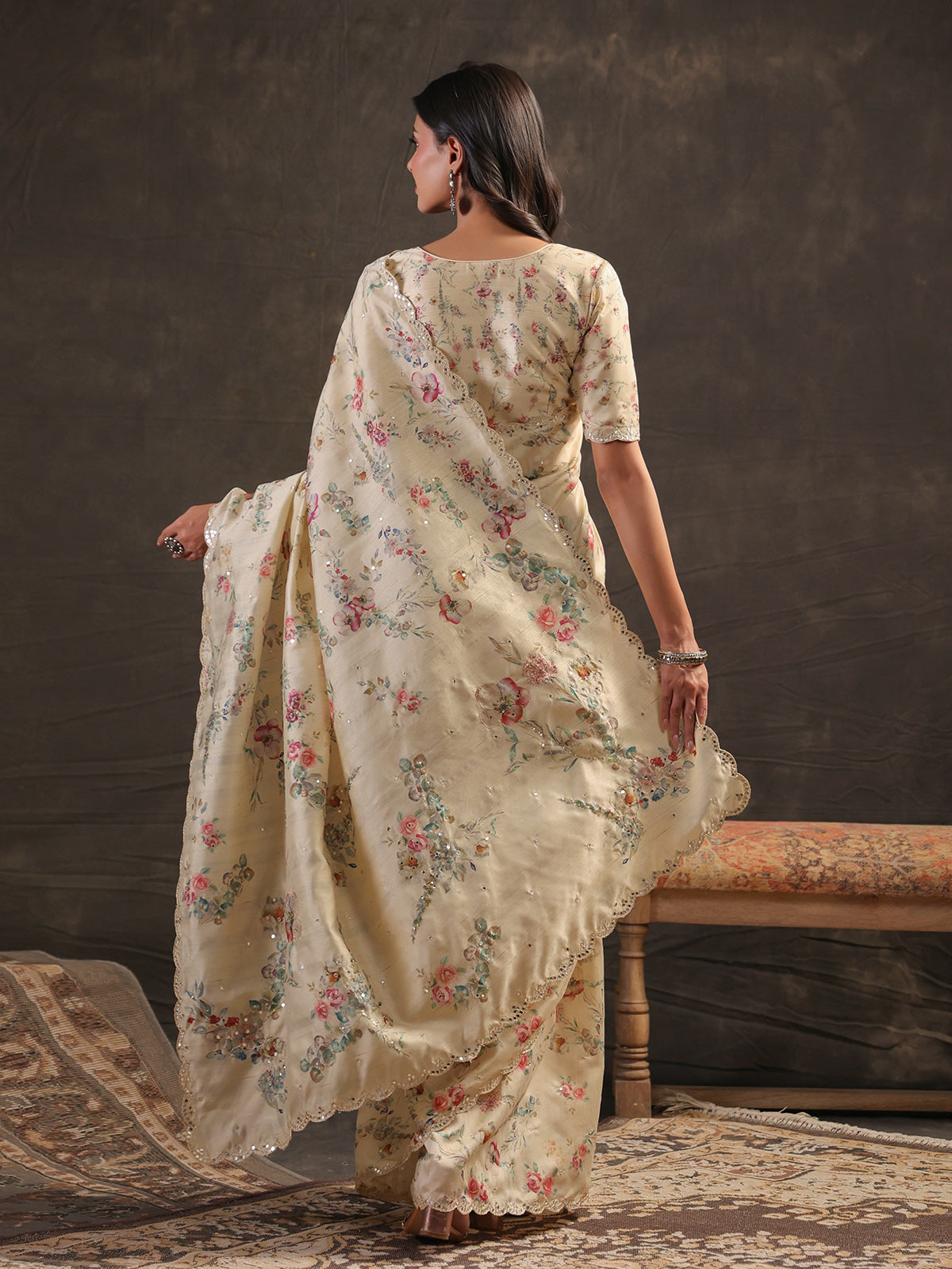 Butter cream botanical handwork saree for women