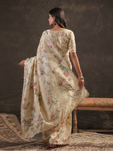 Butter cream botanical handwork saree for women