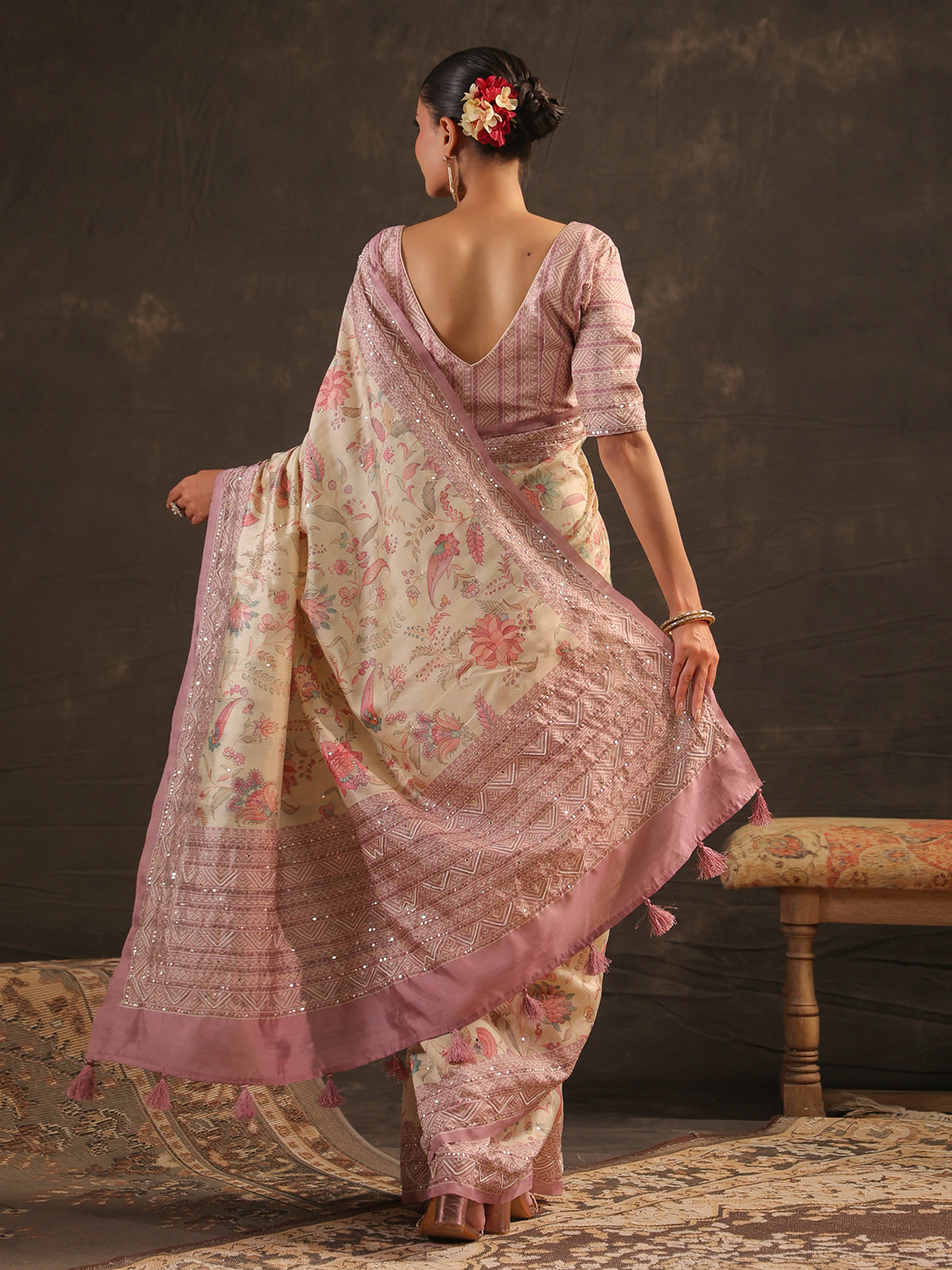 Cream pink embellished kalamkari saree for women