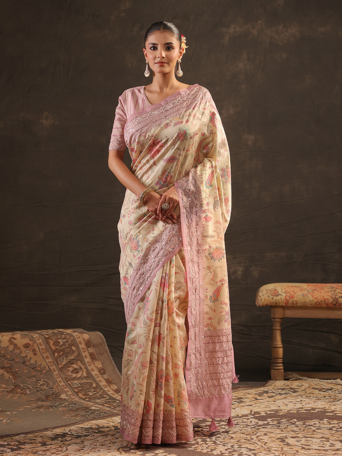 Cream pink embellished kalamkari saree for women