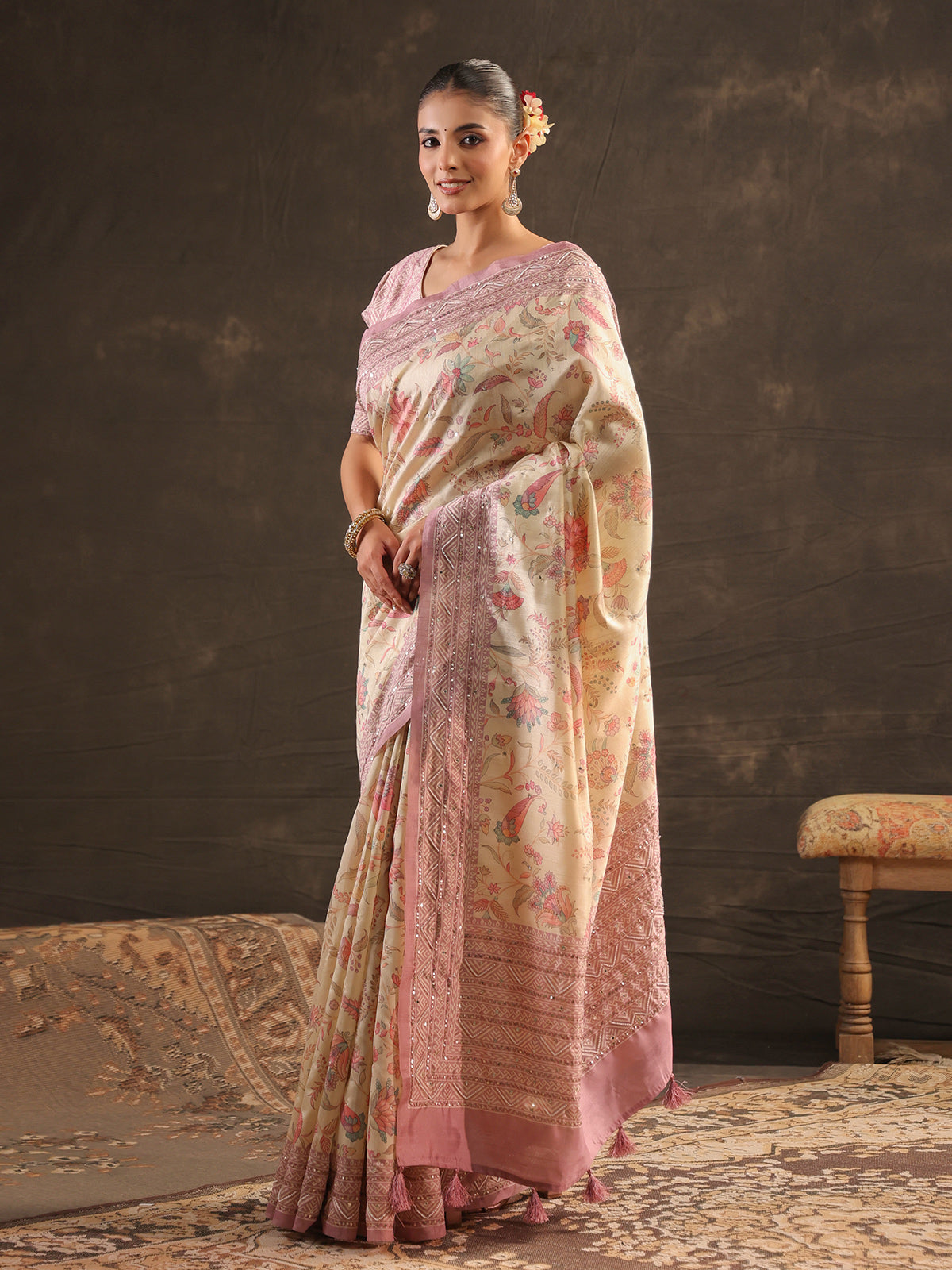 Cream pink embellished kalamkari saree for women