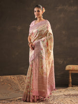 Cream pink embellished kalamkari saree for women