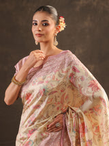 Cream pink embellished kalamkari saree for women