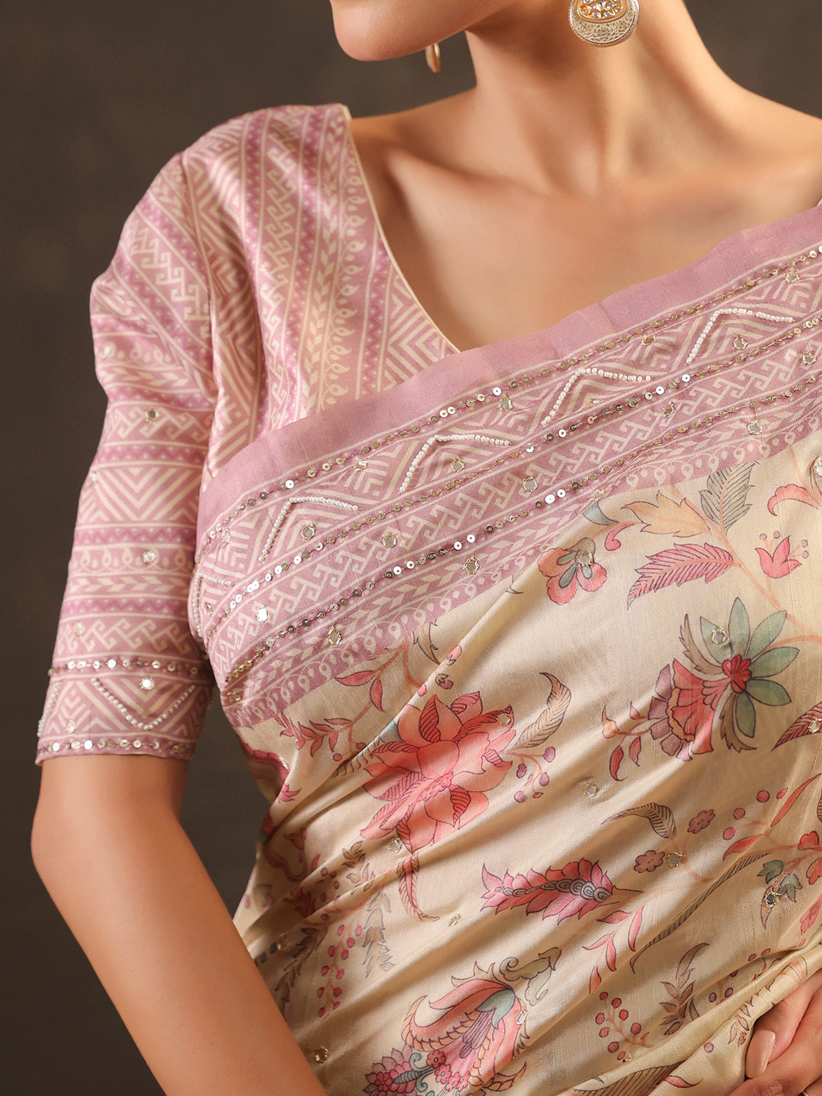 Cream pink embellished kalamkari saree for women