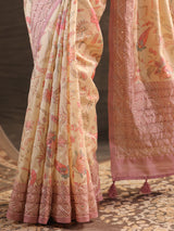 Cream pink embellished kalamkari saree for women