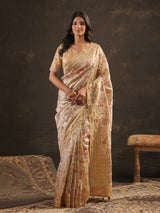 Cream champagne gold kalamkari saree for women