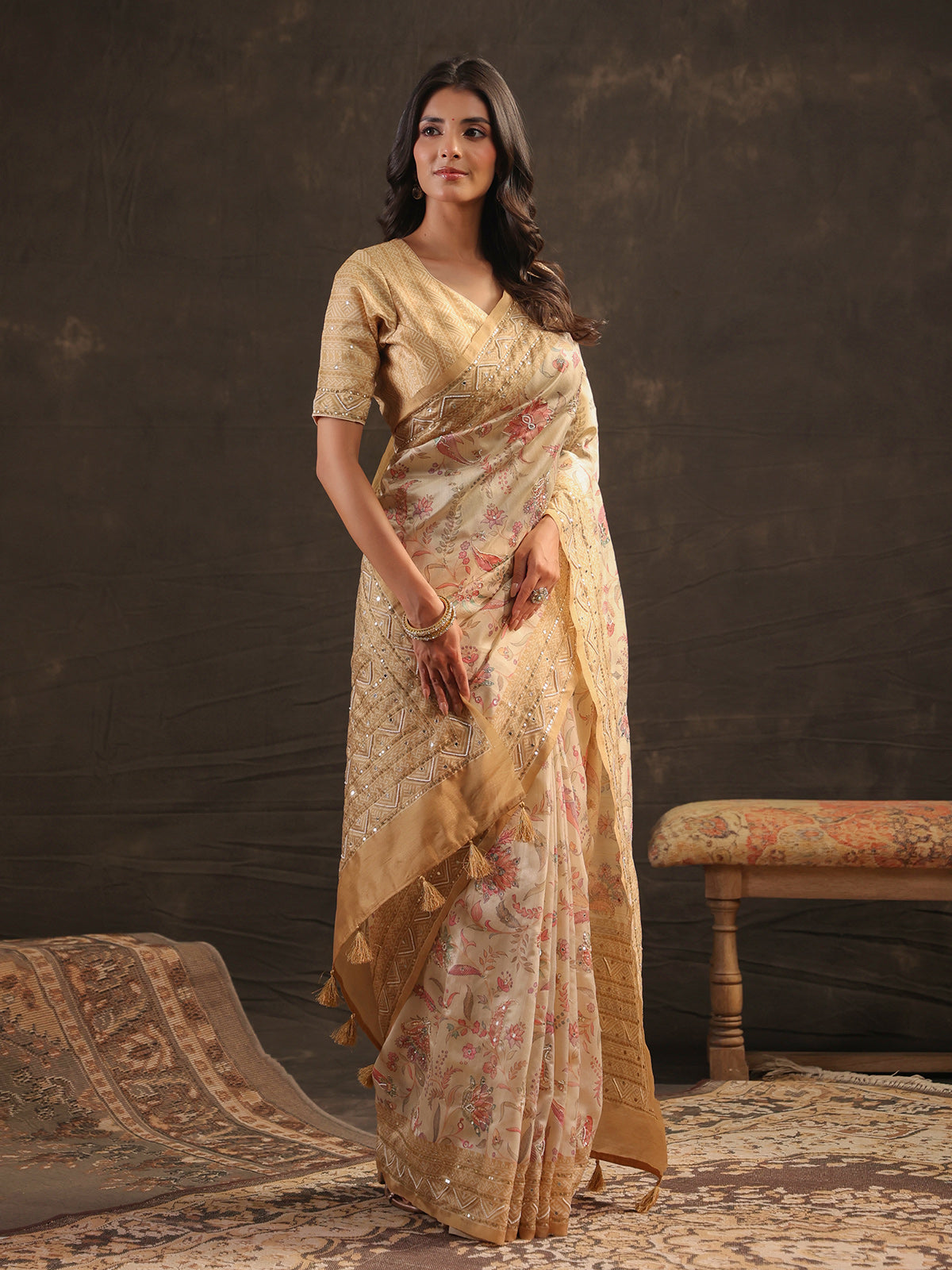Cream champagne gold kalamkari saree for women