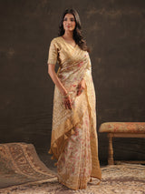 Cream champagne gold kalamkari saree for women