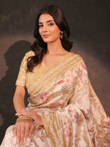 Cream champagne gold kalamkari saree for women