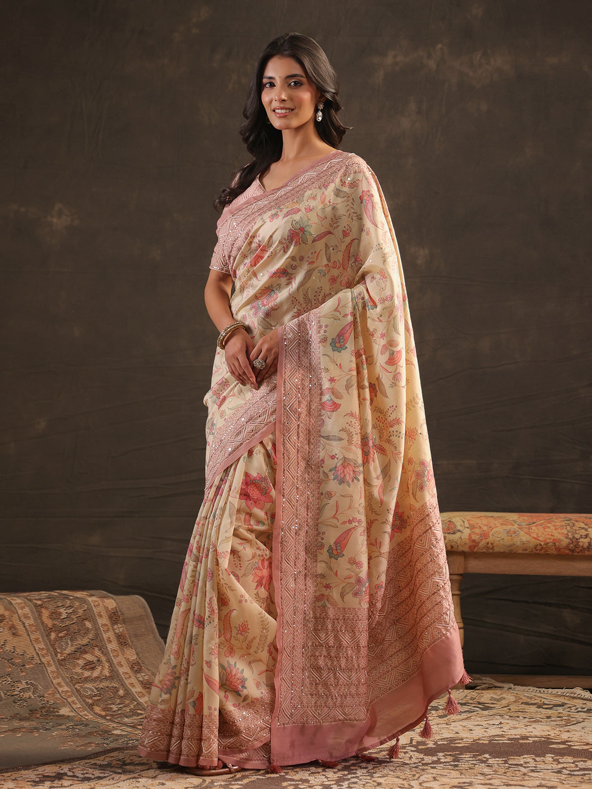Cream dusty mauve kalamkari saree for women