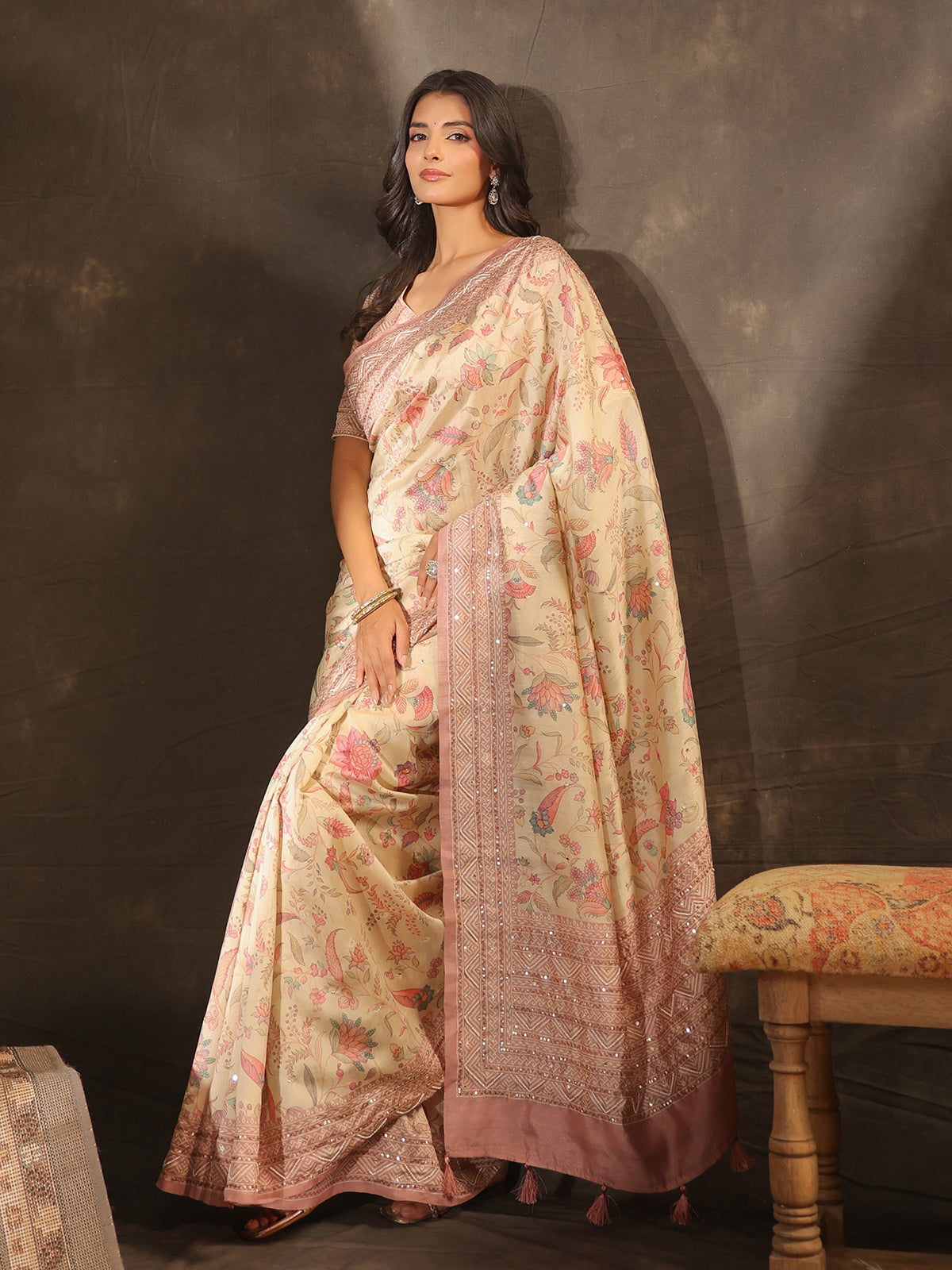 Cream dusty mauve kalamkari saree for women