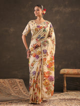 Cream floral embellished tussar saree for women