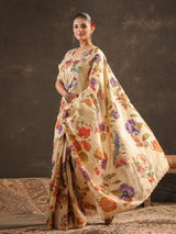 Cream floral embellished tussar saree for women